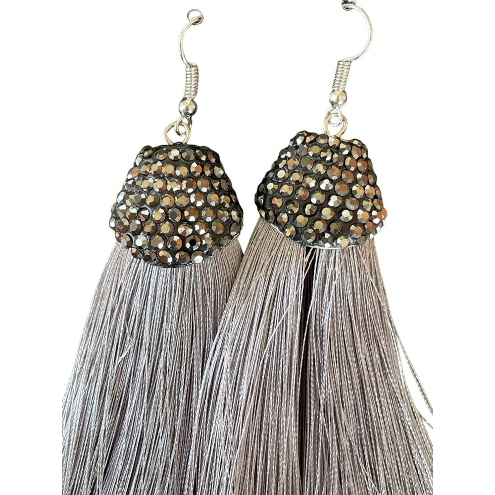 Silver Rhinestone Tassel Earrings Razzle Riot - Picture 3 of 6